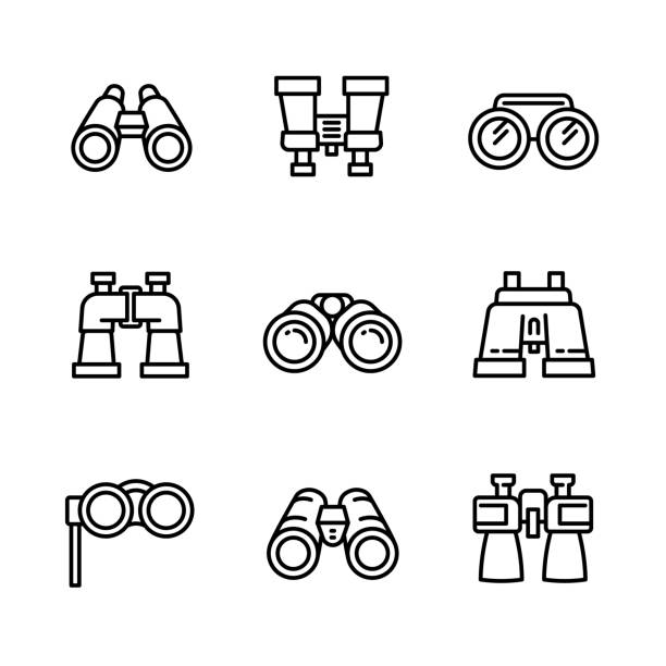 Binoculars icons set, outline style Binoculars icons set. Outline set of binoculars vector icons for web design isolated on white background binoculars stock illustrations