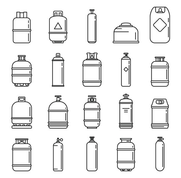 industriegasflaschen icons set, outline style - benzintank stock-grafiken, -clipart, -cartoons und -symbole