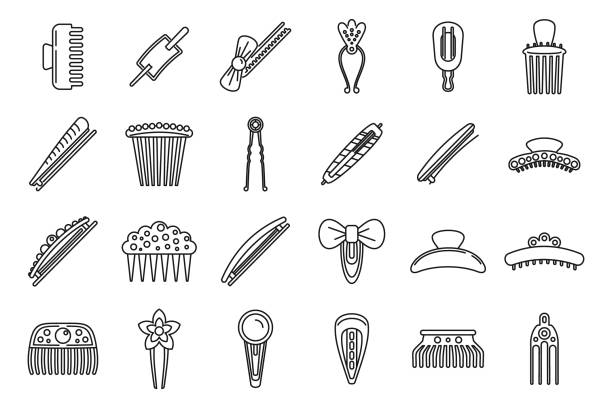 Girl barrette icons set, outline style Girl barrette icons set. Outline set of girl barrette vector icons for web design isolated on white background hair clip stock illustrations