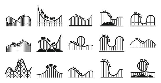 achterbahnpark icons set, schlichter stil - rollercoaster stock-grafiken, -clipart, -cartoons und -symbole