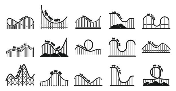 ilustrações, clipart, desenhos animados e ícones de ícones do parque da montanha-russa definidos, estilo simples - rollercoaster