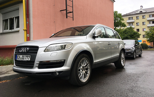 Belarus, Minsk - 22.08.2020:Silver Audi q7 car in the yard