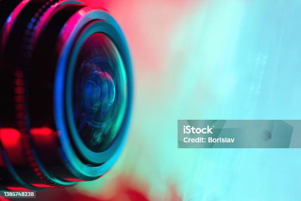 Camera Lens With With Multicolored Backlight Optics Stock Photo - Download Image Now