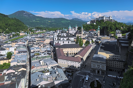 Salzburg, Austria - May 22, 2017: Salzburg Old Town and Hohensalzburg Fortress. View from the observation point at Monchsberg mountain.