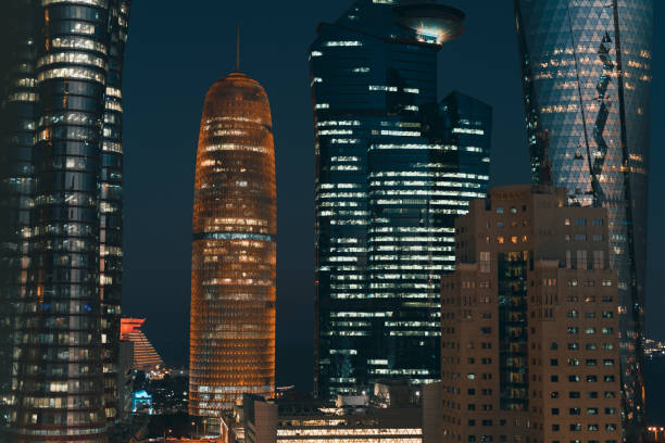 istock Qatar skyline during sunset with colorful sky. 1385749656