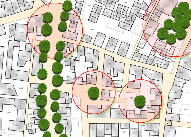 istock Census of singol, group or row trees in cities -  green management and tree mapping concept with imaginary city map with highlighted trees 1385750004
