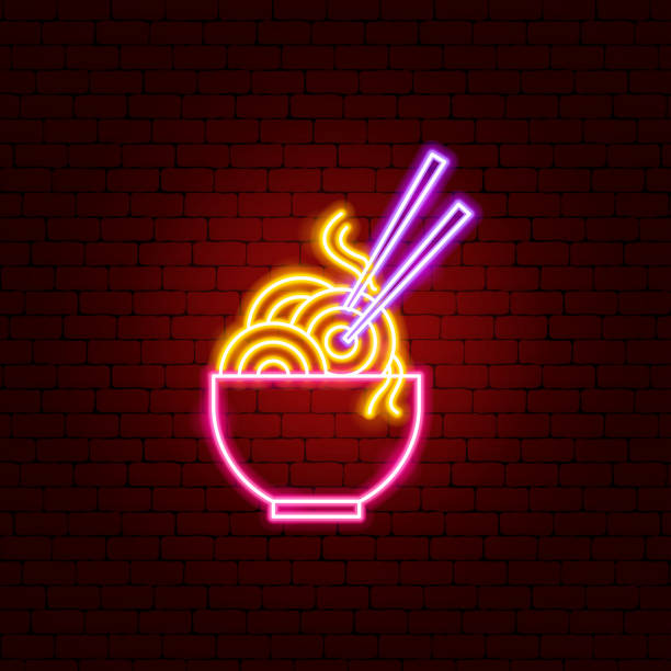 Japanese Food Neon Sign Japanese Food Neon Sign. Vector Illustration of Spagetti Promotion. neon lighting illustrations stock illustrations
