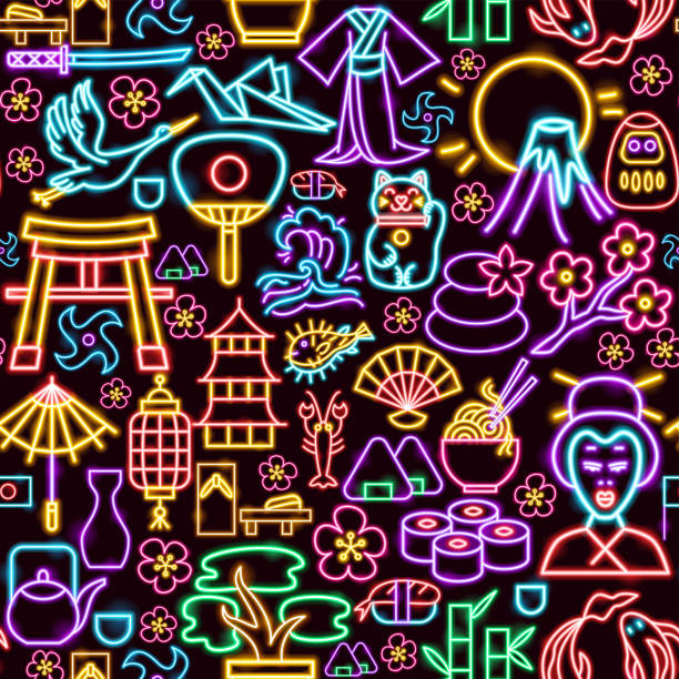 Japan Seamless Pattern Japan Seamless Pattern. Vector Illustration of Asia Promotion. neon lighting illustrations stock illustrations