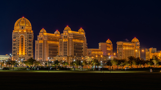 doha,qatar- 03, march 2022 :Katara skyline with st-regis hotel during night.