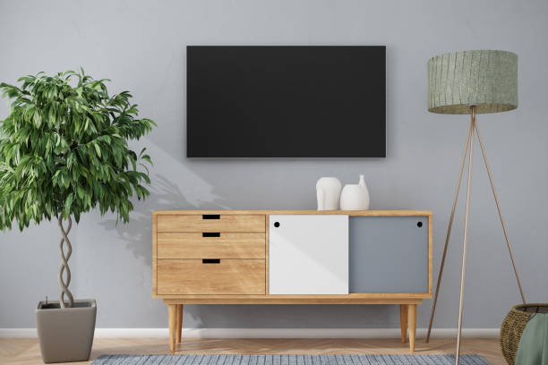 istock A flatscreen TV mockup on a gray structured wall with sideboard, porcelain vases, fig tree and a lamp standing to the right. 1385752900