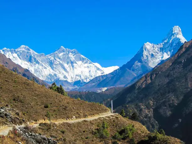 A truly magnificent view of three beautiful and awe-inspiring mountains - Everest, Lhotse, and Ama Dablam - along the Everest Base Camp trail.