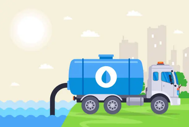 Vector illustration of the truck downloads water from the river from the hose into its barrel