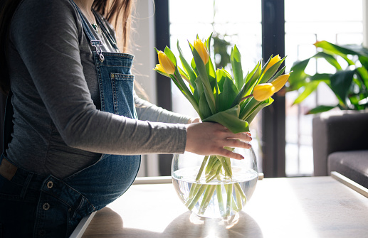 Young pregnant woman arranging beautiful yellow tulips in a vase.