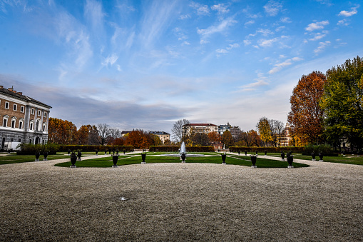 Turin, Italy - 16th of November, 2021. Palazzo Reale Beautiful Park Courtyard With Fountain In Piedmont Region, Turin, Italy