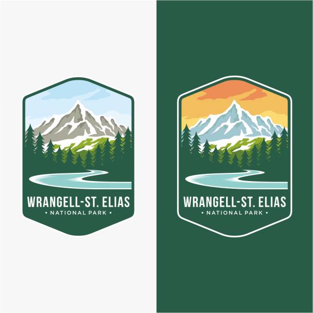 emblem patch icon illustration von wrangell-st. elias national park and preserve auf dunklem hintergrund - alaska stock-grafiken, -clipart, -cartoons und -symbole