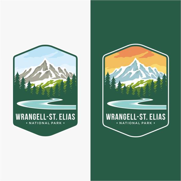 Emblem patch icon illustration of Wrangell–St. Elias National Park and Preserve on dark background Emblem patch icon illustration of Wrangell–St. Elias National Park and Preserve on dark background alaska landscape stock illustrations