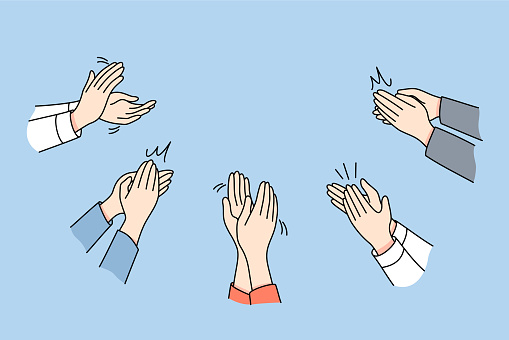 Close up of diverse people clap hands show appreciation and acknowledgement. Men and women businesspeople applaud feel grateful thankful for presenting. Vector illustration.