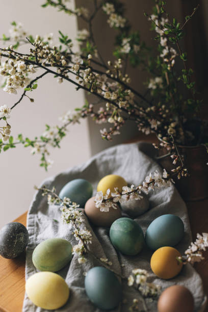 istock Easter eggs on rustic table with cherry blossoms. Happy Easter! Natural dyed colorful eggs on linen napkin and spring flowers in rustic room. Countryside still life 1385762888