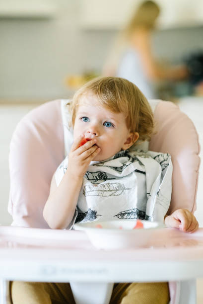 Baby girl eating fruits while sitting in high chair. stock photo