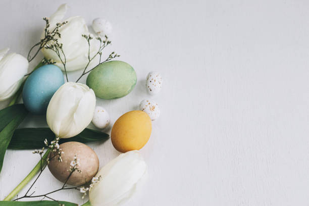 istock Happy Easter! Stylish Easter eggs and tulips border on rustic white wooden background with space for text. Natural colorful dyed eggs and spring flowers composition. Greeting card 1385763087