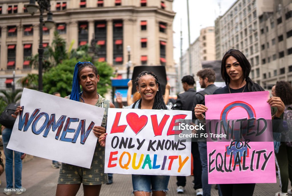 Portrait of transgender women demand equal rights during demonstration LGBTQIA Pride Event Stock Photo