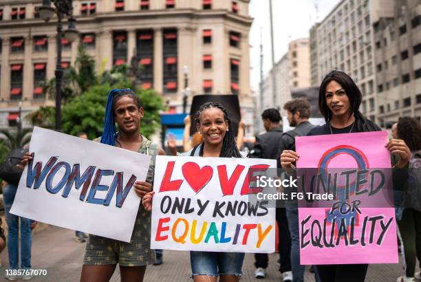 Portrait Of Transgender Women Demand Equal Rights During Demonstration Stock Photo - Download Image Now