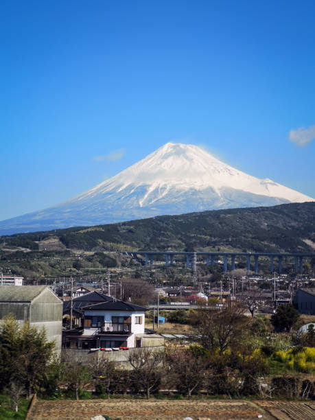 Fuji Mountain with cityscape over blue sky with copy space from shinkansen