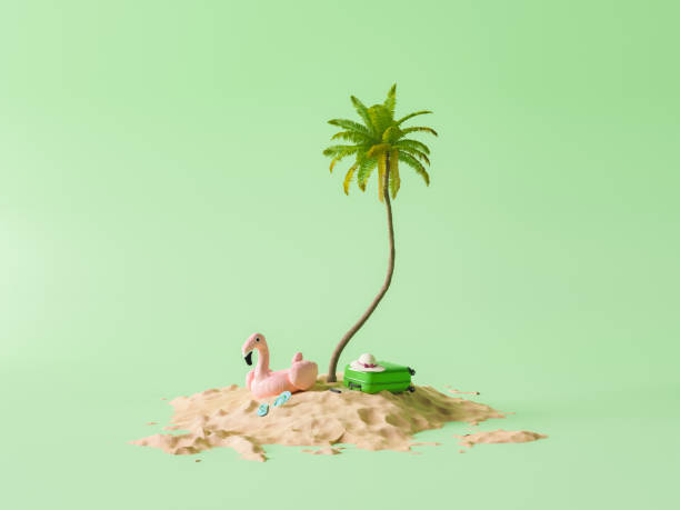 isla de playa de arena con palmera, maleta y flotador sobre un fondo de estudio - isla fotografías e imágenes de stock