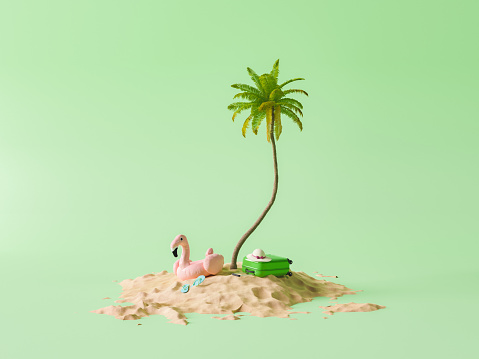 small sandy beach island with palm tree, suitcase and float on a studio background. concept of vacation, travel, summer, beach, leisure and enjoy. 3d rendering