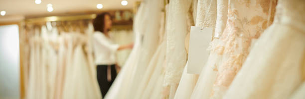 wedding dresses with blank label stock photo
