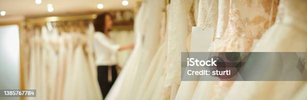 Wedding Dresses With Blank Label Stock Photo - Download Image Now - Wedding Dress, Wedding, Shopping