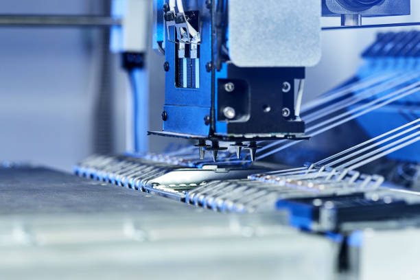 istock Machine (robot) for the production of computer boards. Electronic chips. Robotic High precision equipment. Microchip Production, Nano computer Technology and manufacturing technological process 1385771353