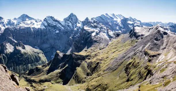 Mountain panorama seen from the top of Schilthorn, Piz Gloria, Bernese Oberland, Switzerland