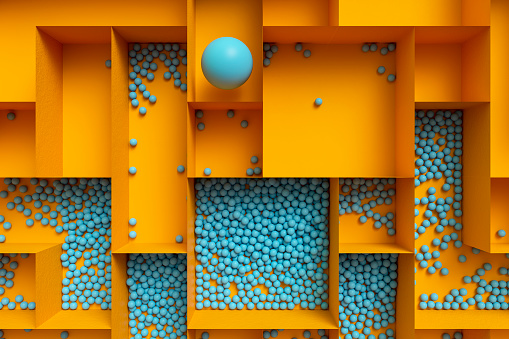 Abstract spheres in maze - 3D generated image.