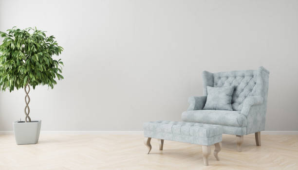 istock Interior Mockup with armchair and fig tree. Blank gray structured wall. 1385780446