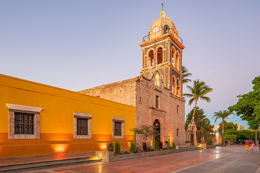 Loreto, Baja California Sur, Mexico. Bell tower on the Loreto Missioin church at sunset.
