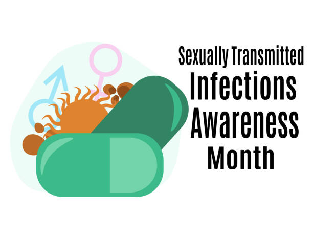 성병 감염 인식의 달, 의료 테마에 수평 포스터, 배너, 전단지 또는 엽서에 대한 아이디어 - sexually transmitted disease stock illustrations