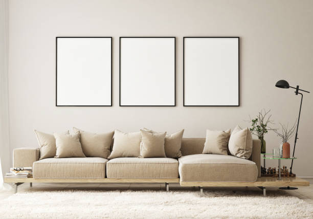 istock mock up poster frame in modern interior background, living room, Scandinavian style, 3D render, 3D illustration 1385788692