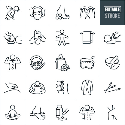 A set of spa icons that include editable strokes or outlines using the EPS vector file. The icons include a person getting a massage, woman getting a face massage, foot with flower, hands massaging, person getting face massaged, foot being massaged, whole body care, bath towel, hot stone massage, woman getting a facial mask, candle with flowers, sleep mask, mortar and pestle, person sitting in spa, back rub, bathrobe, acupuncture, person meditating, foot in foot bath, essential oils and other massage oils and other related icons.
