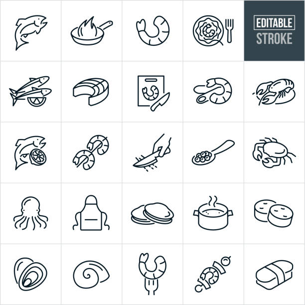 ilustraciones, imágenes clip art, dibujos animados e iconos de stock de iconos de línea delgada de mariscos - trazo editable - fish seafood lobster salmon