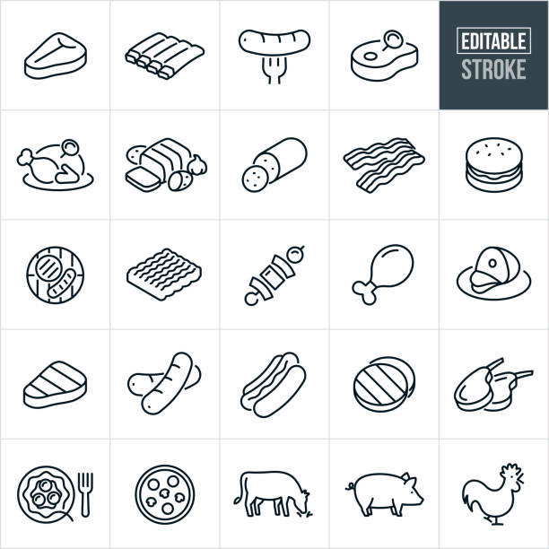 Meats Thin Line Icons - Editable Stroke A set of meat icons that include editable strokes or outlines using the EPS vector file. The icons include a T-bone steak, rack of ribs, sausage, pork chop, turkey, roast, salami, pepperoni, bacon, hamburger, burger and hotdog on grill, ground beef, kabob with chicken and vegetables, chicken leg, ham, grilled steak, hotdogs, hamburger patties, lamb chops, prime rib, pasta with meatballs, pizza with pepperoni, beef cow, pig and chicken. meat stock illustrations