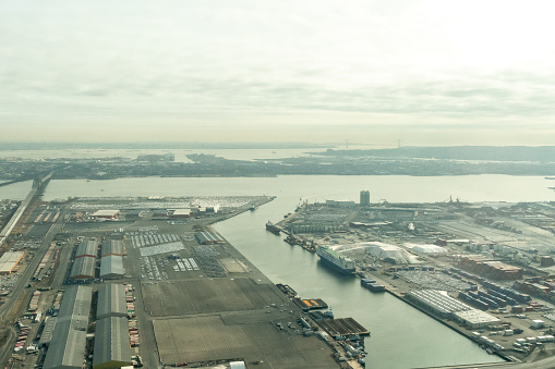 1/16/2022:   Newark, New Jersey, USA:  Aerial view of the Elizabeth Channel and the Newark Channel at the port of Newark, New Jersey.