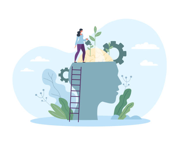 Personal growth concept Personal growth concept. Girl with watering can waters brain, abstract pictures, education. Invest in yourself, motivational poster or banner and self development. Cartoon flat vector illustration learn to drive stock illustrations