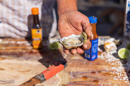 Guerro Negro, Mulege, Baja California Sur, Mexico. November 15, 2021. Oysters being served raw on the western coast of the Baja peninsula.