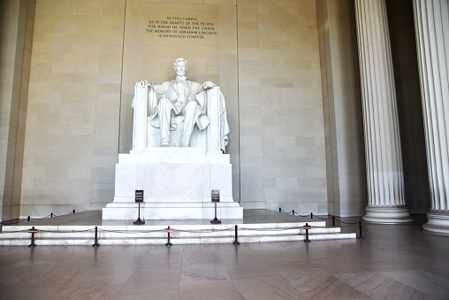 The statue of Abraham Lincoln is seen in the Lincoln Memorial in Washington, D. C.