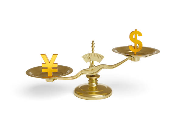 istock Yuan and Dollar symbol on a scale isolated on white background. 3d illustration. 1385800832