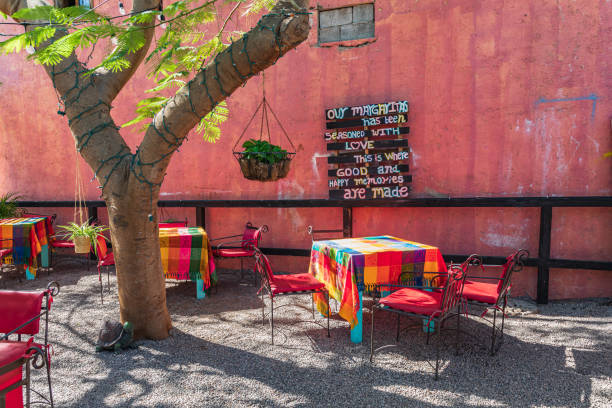 Loreto, Baja California Sur, Mexico. November 17, 2021. Courtyard outdoor seating at a restaurant bar in Loreto.
