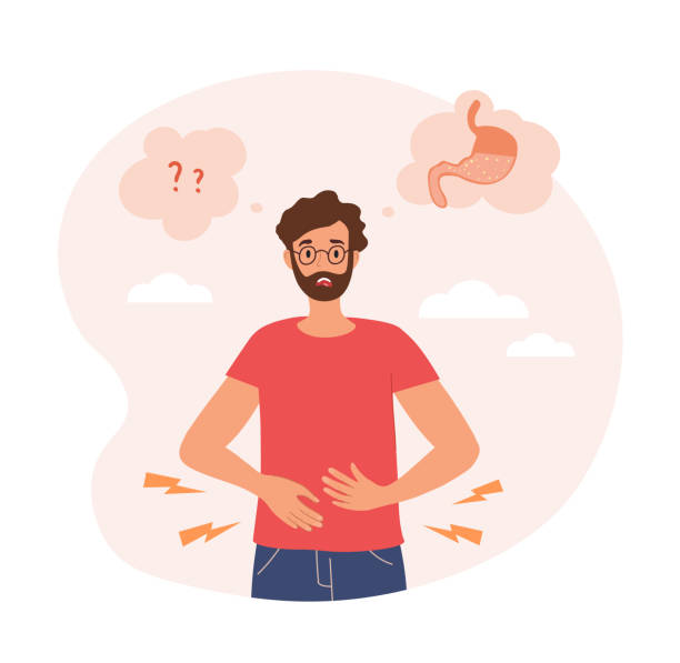 Stomach ache concept Stomach ache concept. Medical posters and banners. Character was poisoned, consequences of malnutrition and unhealthy lifestyle. Spasms and suffering in man. Cartoon flat vector illustration stomach ache illustrations stock illustrations