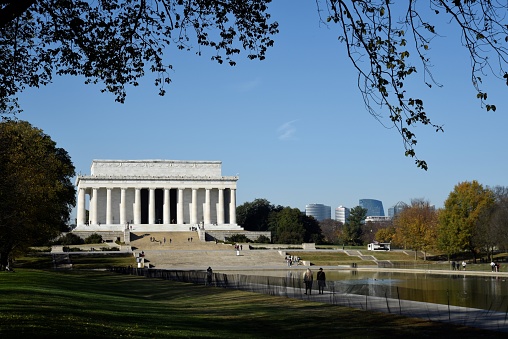 The Lincoln Memorial and reflecting pool are seen from the east in Washington, D.C.