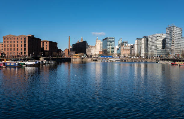 Liverpool, Merseyside, England, UK - May 15, 2023: The skyline of the city, seen from the River Mersey